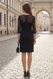 Black 3/4 Sleeve Sheath Midi Work Dress with Lace