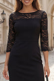 Black 3/4 Sleeve Sheath Midi Work Dress with Lace