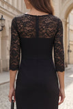 Black 3/4 Sleeve Sheath Midi Work Dress with Lace