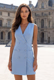Blue Bodycon V-Neck Double Breasted Work Dress