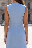 Blue Bodycon V-Neck Double Breasted Work Dress