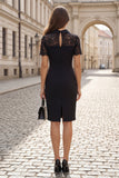 Black Sheath Lace Short Sleeves Midi Work Dress
