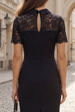 Black Sheath Lace Short Sleeves Midi Work Dress