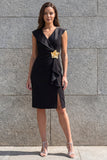 Black Sheath V Neck Midi Work Dress with Slit