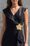 Black Sheath V Neck Midi Work Dress with Slit