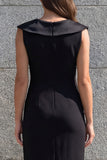 Black Sheath V Neck Midi Work Dress with Slit