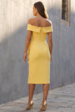 Yellow Off the Shoulder Ruffled Sheath Midi Work Dress with Slit