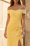 Yellow Off the Shoulder Ruffled Sheath Midi Work Dress with Slit