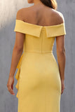 Yellow Off the Shoulder Ruffled Sheath Midi Work Dress with Slit