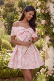 Pink Jacquard A-Line Off the Shoulder Mini Floral Dress With Bow