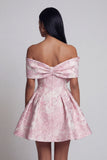 Pink Jacquard A-Line Off the Shoulder Mini Floral Dress With Bow