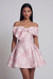 Pink Jacquard A-Line Off the Shoulder Mini Floral Dress With Bow