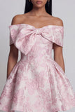 Pink Jacquard A-Line Off the Shoulder Mini Floral Dress With Bow