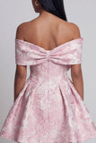 Pink Jacquard A-Line Off the Shoulder Mini Floral Dress With Bow