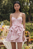 A-Line Pink Sweetheart Ruffled Mini Jacquard Floral Dress With Bow