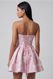 A-Line Pink Sweetheart Ruffled Mini Jacquard Floral Dress With Bow