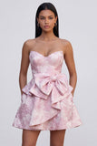 A-Line Pink Sweetheart Ruffled Mini Jacquard Floral Dress With Bow