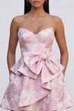 A-Line Pink Sweetheart Ruffled Mini Jacquard Floral Dress With Bow