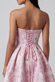 A-Line Pink Sweetheart Ruffled Mini Jacquard Floral Dress With Bow