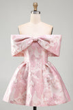 Jacquard A-Line Pink Off the Shoulder Mini Floral Dress With Bow