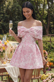 Jacquard A-Line Pink Off the Shoulder Mini Floral Dress With Bow