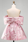 Jacquard A-Line Pink Off the Shoulder Mini Floral Dress With Bow