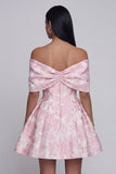 Jacquard A-Line Pink Off the Shoulder Mini Floral Dress With Bow