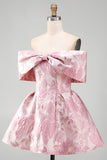 Jacquard A-Line Pink Off the Shoulder Mini Floral Dress With Bow
