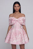 Jacquard A-Line Pink Off the Shoulder Mini Floral Dress With Bow