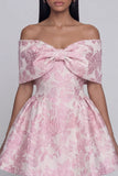 Jacquard A-Line Pink Off the Shoulder Mini Floral Dress With Bow