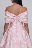 Jacquard A-Line Pink Off the Shoulder Mini Floral Dress With Bow