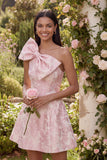 One Shoulder Jacquard A-Line Pink Mini Floral Dress With Bow