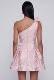 One Shoulder Jacquard A-Line Pink Mini Floral Dress With Bow