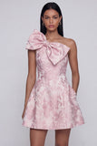 One Shoulder Jacquard A-Line Pink Mini Floral Dress With Bow