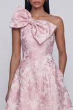 One Shoulder Jacquard A-Line Pink Mini Floral Dress With Bow