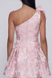 One Shoulder Jacquard A-Line Pink Mini Floral Dress With Bow