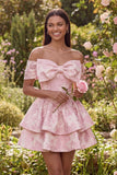 Off the Shoulder Pink Jacquard A-Line Ruffled Mini Floral Dress With Bow