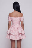 Off the Shoulder Pink Jacquard A-Line Ruffled Mini Floral Dress With Bow