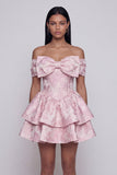 Off the Shoulder Pink Jacquard A-Line Ruffled Mini Floral Dress With Bow