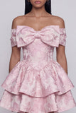 Off the Shoulder Pink Jacquard A-Line Ruffled Mini Floral Dress With Bow