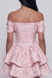 Off the Shoulder Pink Jacquard A-Line Ruffled Mini Floral Dress With Bow