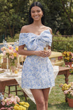 Off the Shoulder Blue Jacquard A-Line Mini Floral Dress With Bow