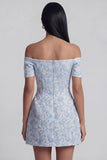 Off the Shoulder Blue Jacquard A-Line Mini Floral Dress With Bow