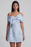 Off the Shoulder Blue Jacquard A-Line Mini Floral Dress With Bow