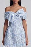 Off the Shoulder Blue Jacquard A-Line Mini Floral Dress With Bow