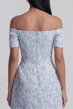 Off the Shoulder Blue Jacquard A-Line Mini Floral Dress With Bow