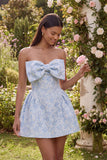 A-Line Blue Off the Shoulder Jacquard Mini Floral Dress With Bow