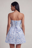 A-Line Blue Off the Shoulder Jacquard Mini Floral Dress With Bow