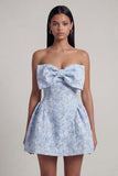 A-Line Blue Off the Shoulder Jacquard Mini Floral Dress With Bow