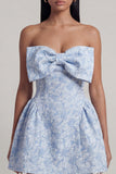 A-Line Blue Off the Shoulder Jacquard Mini Floral Dress With Bow